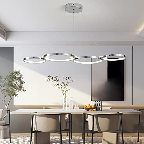 LED Pendelleuchte Esstisch Modern Hängelampe Dimmbar Esszimmerlampe mit Fernbedienung Hängeleuchte Hoehenverstellbar Pendellampe Ring Design Wohnzimmerlampe für Wohnzimmer Esszimmer Küche (Chrom)