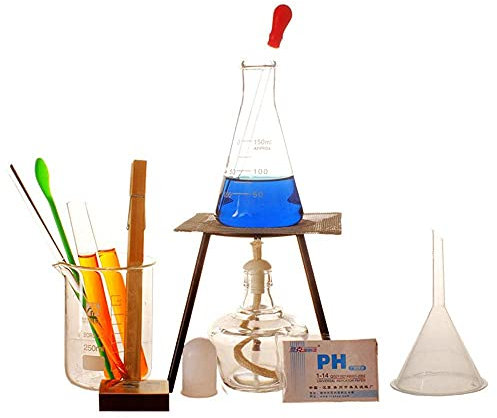 ZAPION Grundlegende Chemie-Unterrichtsausrüstung für das Labor, Haushaltsbecher, Reagenzgläser, Kolben, Alkohollampen, Glastropfer, Glasstäbe, Stative, komplettes Set an Experimentierzube
