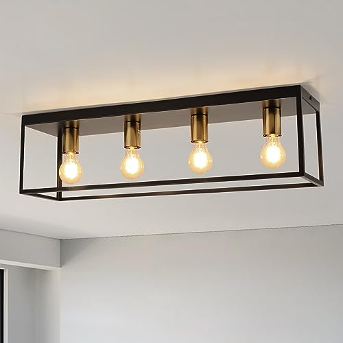 FORCOSO Black Ceiling Lights 4 Lights, Modern Industrial Ceiling Light E27 Flush Mount, LED Metal Cage Ceiling Light Fixture for Bedroom Living Room Kitchen Hallway Studio max.60W - NO Bulb