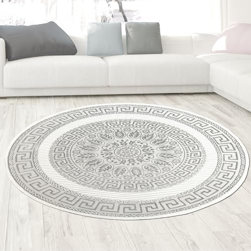 CARPETIA Wohnzimmer-Teppich Schlafzimmer Designerteppich modern edel glänzend elegant groß riesig Kurzflor Creme grau Durchmesser 200 cm Rund