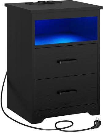 KIMENICH Table de Chevet avec Éclairage LED, Table d'appoint en Bois avec 2 Tiroirs de Rangement, Table de Nuit avec Station de Charge, 2 Prises et 2 Ports USB, Noir