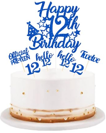 Tortenaufsatz zum 12. Geburtstag, blau, offizielles Produkt, glitzernd, Happy 12th Birthday, Cupcake-Topper für Jungen und Mädchen, Teenager, 12. Geburtstag, Partyzubehör