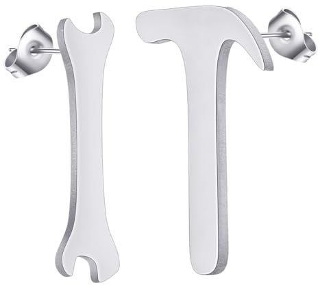 Extra Tiny DIY Tools Earring Stainless Steel Hammer and Spanner Asymmetric Stud Earrings for Women Men Dainty Geometric Jewelry Gift (silver)