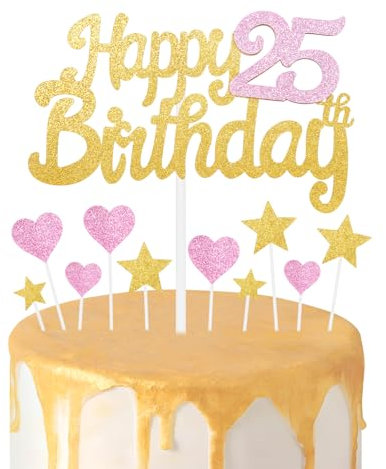 Gold Pink 25th Birthday Cake Topper, Girls 25th Birthday Decorations, Glitter Heart Stars Cake Toppers, Personalised Happy Birthday Cake Cupcake Toppers for Women Girls Baby Birthday Party Supplies