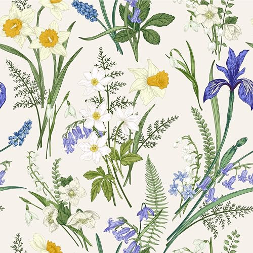PAAHRYI Papier peint auto-adhésif Fleurs et plantes bleu blanc 40×600cm Papier peint adhésif étanche pour chambre à coucher salon Film décoratif pour meubles Papier peint (40×300cm)
