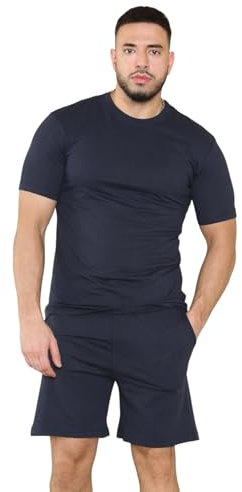True Face Mens Pyjama Set Cotton T-Shirt Shorts Nightwear Loungewear Pj Gym Yoga Short Sleeve Top Casual Shorts Navy L