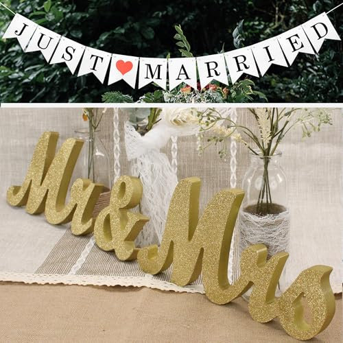 Golden Mr & Mrs Holzbuchstaben und Banner für Hochzeitstisch Just Married Dekoration Mister and Miss Hochzeitsschild