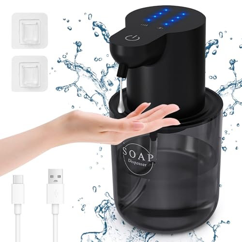 Cuteefun Automatisch Flüssig Seifenspender, 400ml Elektrischer Seifenspender mit Sensor, Anzeige des Batteriestands, 4-Stufig Einstellbares Flüssigkeitsvolumen, Wandmontage für Bad, Küche, Schwarz