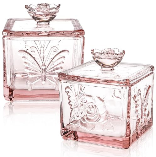 Goaste 2 Pack Glass Candy Dish with Lid, 15 OZ Embossed Clear Candy Jar, Decorative Crystal Covered Sugar Bowl, Vintage Jewelry Storage Trinket Box for Candy Buffet, Wedding, Home Decoration (Pink)
