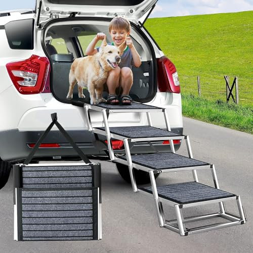 Snagle Paw Extra Wide Dog Ramp for Cars,Aluminum Dog Step for Car With Non-Slip Carpet,4 Stpes Lightweight Pet SUV Step,Easy to Fold Pet Stairs for SUV,Trucks,High Beds