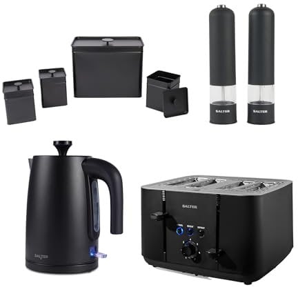 Salter Kuro 8-Piece Countertop & Seasoning Set - Electronic Salt & Pepper Mills, 1.7 Litre 3kW Fast Boil Kettle, 4-Slice Toaster with 7 Browning Levels, Carbon Steel Canisters & Bread Bin
