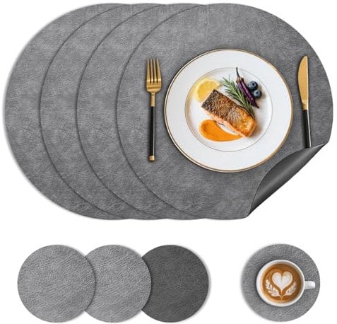 Nymblis Leather Round Placemats Set of 4, Washable & Non-Slip Table Mats and Coasters, Dual-Sided PU Place Mats for Table, Wipeable and Waterproof(Grey)