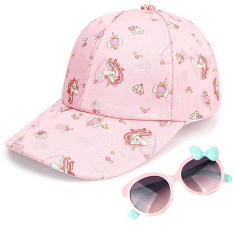 Jupsk Mädchen Cap Sonnenbrille Set, Baby Einhorn Sonnenhut Sommer Strandmütze Baseballkappe für Kinder 3-8 Jahre (Rosa)