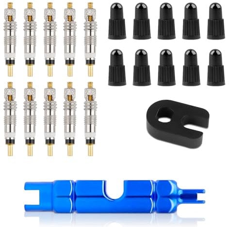 22 Stück Fahrradventil Adapter Französisches, Französisches Ventil Adapter Und 10 Ersatzventilkerne, Fahrrad Presta Ventil mit Ventilkappen, Ventilschlüssel für Fahrräder und Mountainbikes