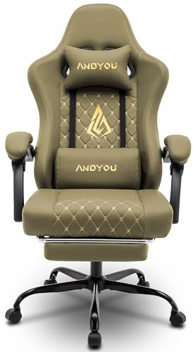 Andyou Silla de gaming con reposapiés – Silla de gaming ergonómica de imitación de ante, Silla de gaming para adultos, Silla de oficina ajustable en altura, Silla de gaming