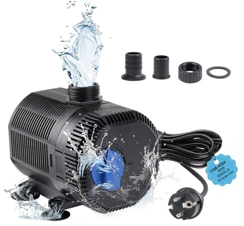 EXLECO Teichpumpe Filterpumpe 6500L/H 90W Wasserpumpe Bachlaufpumpe | Springbrunnenpumpe Aquariumpumpe Fontänenpumpe Pumpe zum Anschluss an Bachlauffilter 10M Kabel 2 Düse für Garten Teich