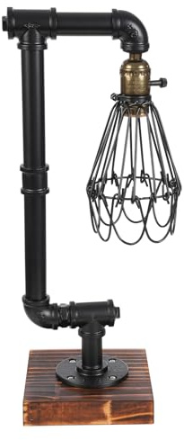 Hurrylying Industrielle Retro-Tischlampe, Schwarz, Eisen und Holz, E27-Fassung, Wasserrohr-Design, mit Hohlgitter-Lampenschirm