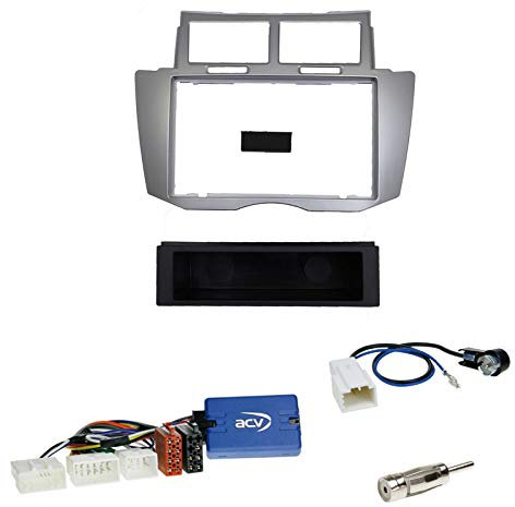 Einbauset : Autoradio Doppel 2-Din Einbaurahmen Radioblende Silber + Ablagefach + Kenwood Lenkradfernbedienungsadapter - LFB Interface Radio Adapter Adapterkabel für Toyota Yaris 2007-2011