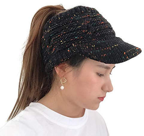 URSING Damen Grobstrick Beanie Mütze Pferdeschwanz Frau Winter Twist Schirmmütze Wollmützen Damenmütze Aushöhlen Kappen Strickmütze mit Zöpfen Loch Wintermütze (B)