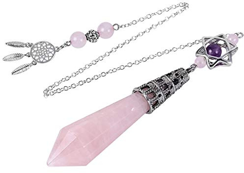 mookaitedecor Quartz Rose Divinatoire Pendule Radiesthésie Pierre Naturelle Cristal Facette Attrapeur de Rêve pour Divination Voyance Esotérisme
