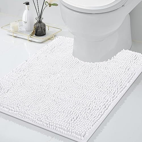 smiry Non-Slip Toilet Mat Extra Soft Absorbent Pedestal Mat for Toilet Thick Shaggy Chenille Bath Mat Machine-Washable Dry Bathroom Floor Mat, 50 x 60 cm, White