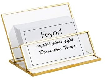 Feyarl Porte-cartes de visite horizontal en verre incliné pour cartes de visite - Doré transparent - Organisateur de rangement pour bureau, exposition, comptoir (doré)