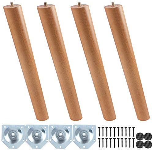Lot de 4 pieds de meubles en bois, 33 cm en bois massif effilé Pieds de meubles de rechange avec plaque de montage, vis et tapis antidérapants pour canapé, table, chaise, meuble à thé(Couleur du bois)