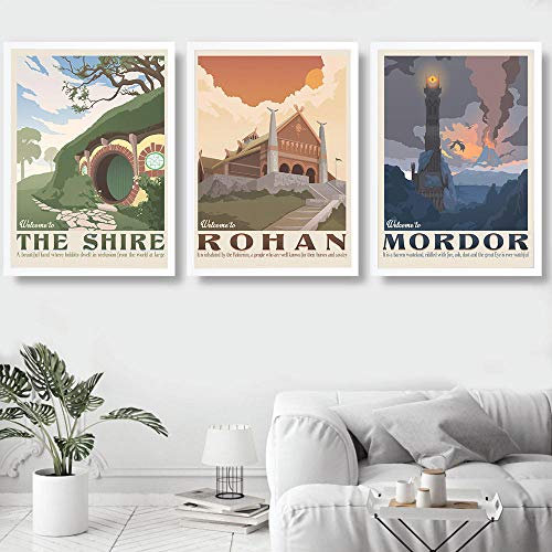 Leinwand Malerei Nordic Vintage Reiseplakat Tolkien Mittelerde Das Auenland Illustration Landschaft 3 Stück Kunst Wandbilder Wohnkultur 35 * 50cm * 3St