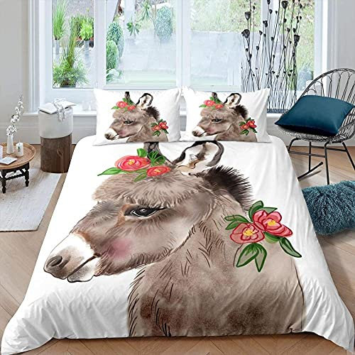 YDYRX Bettwäsche 135x200 Blumen Esel Kinder Bettbezug mit Reißverschluss und 2 Kissenbezug 80x80 cm, Für Einzelbett - Atmungsaktive Mikrofaser