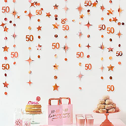 Rose Gold Dekoration zum 50. Geburtstag, Zahl 50, Kreis-Punkte, Twinkle Stern, Girlande, Metallic, hängende Girlande, Banner Hintergrund für 50 Jahre Alten Geburtstag Happy 50th Anniversary