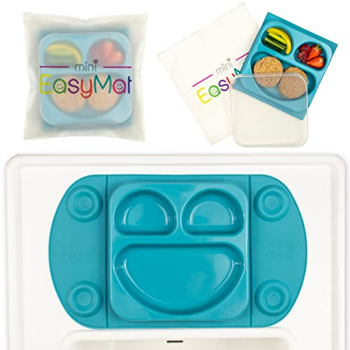 EasyMat Mini Portable Silicone Baby Suction Plate by EasyTots | Lid and Carry Case Included | Travel Friendly | Perfect Placemat for High Chair Feeding & Baby Led Weaning (Teal)