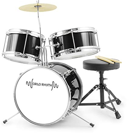 World Rhythm Kids Drumkit - 3teiliges Junior Drumset, Kinder Drumkit mit Hocker und Drumsticks - Schwarz
