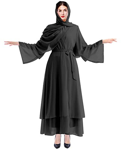 IWEMEK Strickjacke Frauen Muslimische Cardigan Lange Maxikleid + Hijab Kopftuch Passform Langarm Kaftan Damen Burka Abaya Islamic Dubai Arabisch Kleider Gebetskleid Gebetskleidung #A: Schwarz Set M