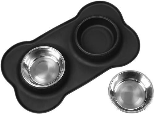 MOACC Fressnäpfe für Hunde und Katzen, 2 x 400ml Edelstahl Doppel Napf Schalen mit Nicht kleckern Rutschfesten silikon tablett Matte Reisen Schüssel Haustier Lebensmittel Wassernapf