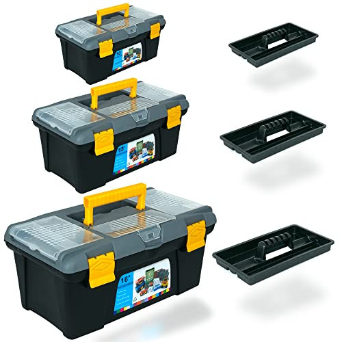 ZENO 3 pc Plastic Toolbox Organiser Set | 10'' 13'' 16'' Inch Tool Boxes Plastic Portable Tool Box | Toolbox Organiser w/ Extra Storage Tray for Home Tools | Nails and Pins | Utility Toolbox, Black