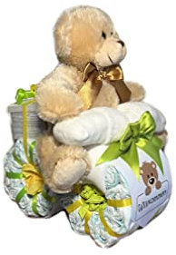 Windelmotorrad neutral mit Teddybär beige | gelb-grün | Windeltorte zur Geburt