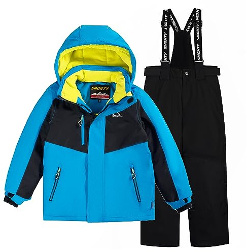 SMONTY Kinder Schneeanzug für Jungen, Winter-Skijacke & Hose, Set Kapuzenriemen, Winddicht, Wasserdicht, Warmer(Blau, 6-7)