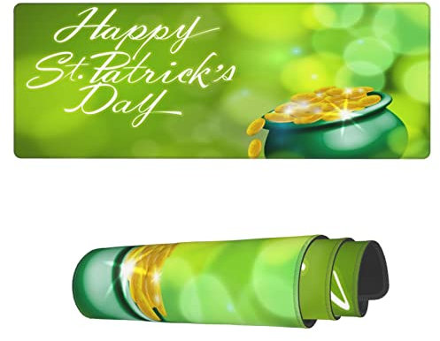 Famame Laptop-Mauspad, glänzend, St. Patrick's Day, goldene Schreibtischunterlage mit genähten Kanten, 80 x 30 cm, rutschfest, große Tastatur, Gummi, Schreibtischunterlage für Büro und Zuhause