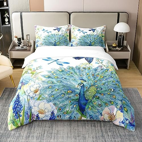 Pfau 100% Baumwolle Bettbezug Set 135x200 Kolibri Libelle Tröster Abdeckung Blume Vögel Muster Bettwäsche Sets für Mädchen Frauen Navy Blau Floral Tiere Frische Natur Quilt Cover mit 1 Kissenbezug