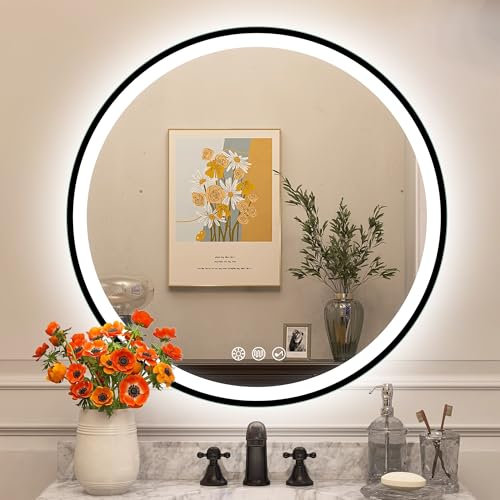 STARLEAD Badspiegel-Rund-mit-Beleuchtung 60cm Diameter, LED-Spiegel-Rund mit Bluetooth, Dimmbar, 3 Lichtfarben, Entfogging, Memory of Light, IP44 HD Hartglas Schwarz Badezimmerspiegel