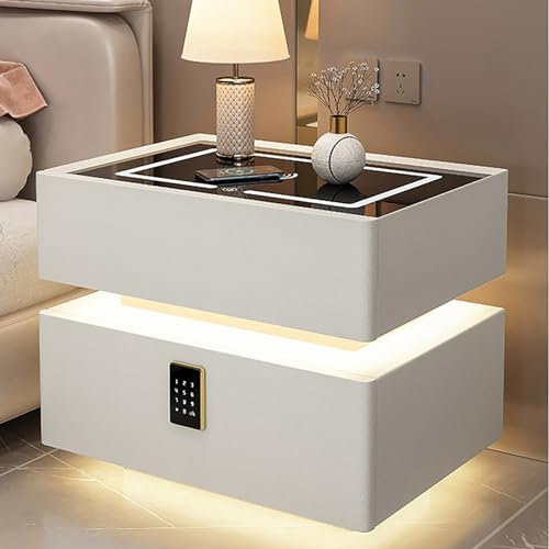 Bed end Table With Drawer, Bedside Desk Cabinet Storage, Smart Nightstand with Hidden Safe, Bedside Table with Adjustable LED Lights, for Bedroom Living Room (Color : White, Size : 40x40x48cm)
