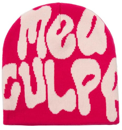 AMOFIA Damen Y2K Beanie Warm Bonnet Strickmütze Unisex Me Culpa Winter Caps für Geschenk, Pink, Einheitsgröße