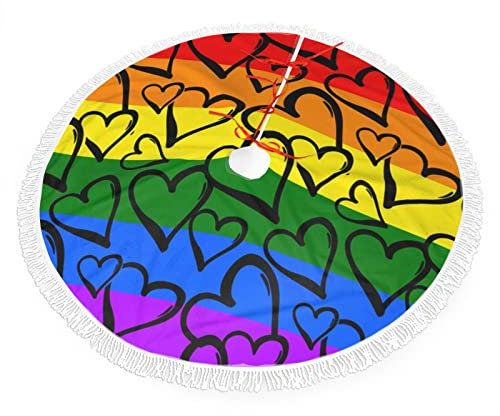 Gay Pride Weihnachtsbaumrock mit Regenbogenmuster, weiße Quastenränder, Weihnachtsschmuck für Neujahr, festliche Heimdekoration