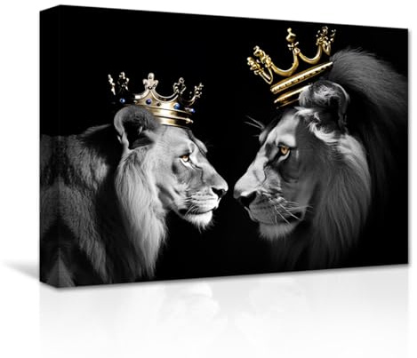 CXHOSTENT Löwen und Löwin Leinwand Wandbilder König und Königin Löwe mit Goldkrone Kunstdrucke Schwarz Weiß Tierbilder für Heimdekoration (B, 40.00 x 60.00 cms)