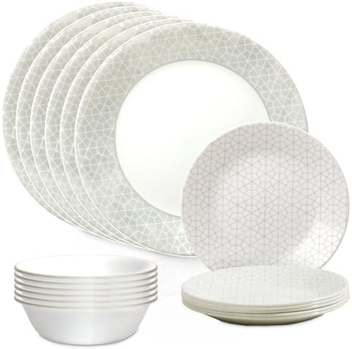Corelle Vitrelle - Juego de vajilla de vidrio de 18 piezas, servicio para 6, juegos de platos y cuencos de vidrio resistentes a astillas y grietas de triple capa, Knox