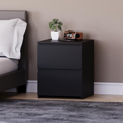 Vida Designs Denver 2 Drawer Large Bedside Cabinet Bedroom Storage Chest, Modern Nightstand End Table H48 x W39.5 x D 39.5 cm (Black)