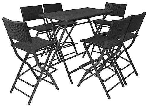 7-TLG. Gartenmöbel Set Stühle mit Tisch, Garten Sitzgruppe für 6 Personen, Essgruppe Sitzgarnitur Gartengarnitur Garten Loungemöbel für Terrasse und Balkon, Klappbar Stahl Poly Rattan Schwarz