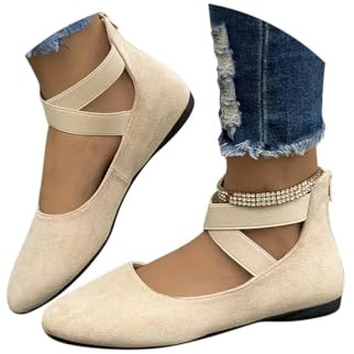 Minetom Damen Bequeme Ballerinas Flache Schuhe Mit Knöchelwickel Und Elastischen Kreuzträgern Leicht Slip On Abend Hochzeit Flats Schuhe A Aprikose 41 EU