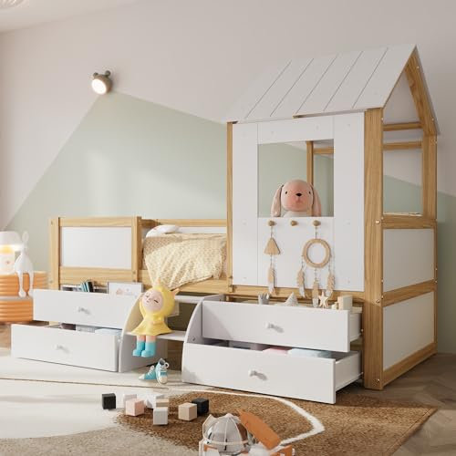 Kinderbett 90x200, Hochbett Halbhohes Bett mit 4 Schubladen und kleine Treppe, Hausbett mit Dach und Fenster, Etagenbett mit Vierseitiger Zaun und Lattenrost, Holzbett Bettgestell, Kiefer, Weiß+Natur