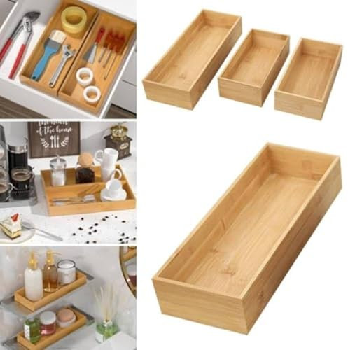 Tiroir à ustensiles en bambou pour comptoir de cuisine, organisateur de tiroir en bambou, boîte de rangement en bois pour outils de cuisine, maquillage, fournitures de bureau (30,3 x 11,5 x 5 cm)